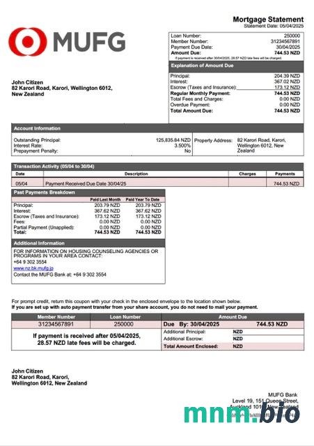 Nowa Zelandia MUFG Bank wyciąg z kredytu hipotecznego szablon Word i PDF